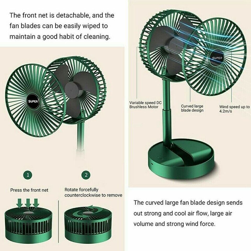 🌬️ Rechargeable Telescopic Folding Fan – Portable USB Desk & Floor Fan with Adjustable Height