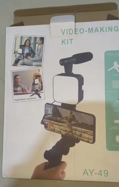 AY-49 Vlogging Kit | Portable Video Recording Setup with LED Light, Shotgun Mic & Flexible Tripod without Remote